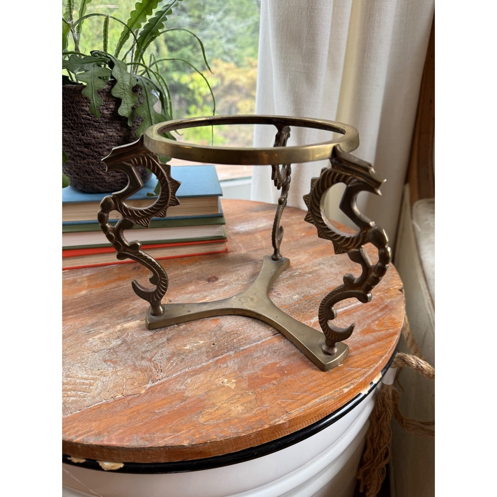 Vintage Solid Brass Dragon Tripod Stand Ornate Chinoiserie Display Base 6.5in